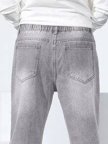 QuarKem Men's Washed Grey Semi-Elastic Waist Straight Leg Jeans - Grey - View 8
