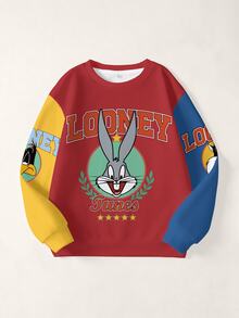 LOONEY TUNES X SHEIN 青少年男孩字母印花圓領長袖休閒衛衣 - 白色 - 查看 1