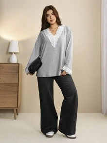 Edennvi Plus Size V-Neck, Lace Trim Collar And Cuffs, Fitted Loose Blouse - Grey - View 4