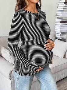 SHEIN Maternity Nursing Striped Colorblock Long Sleeve Minimalist Top - Black - View 4