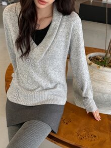 K-Vae Women's Casual V-Neck Long Sleeve Button Design Sweater - Grey - View 6