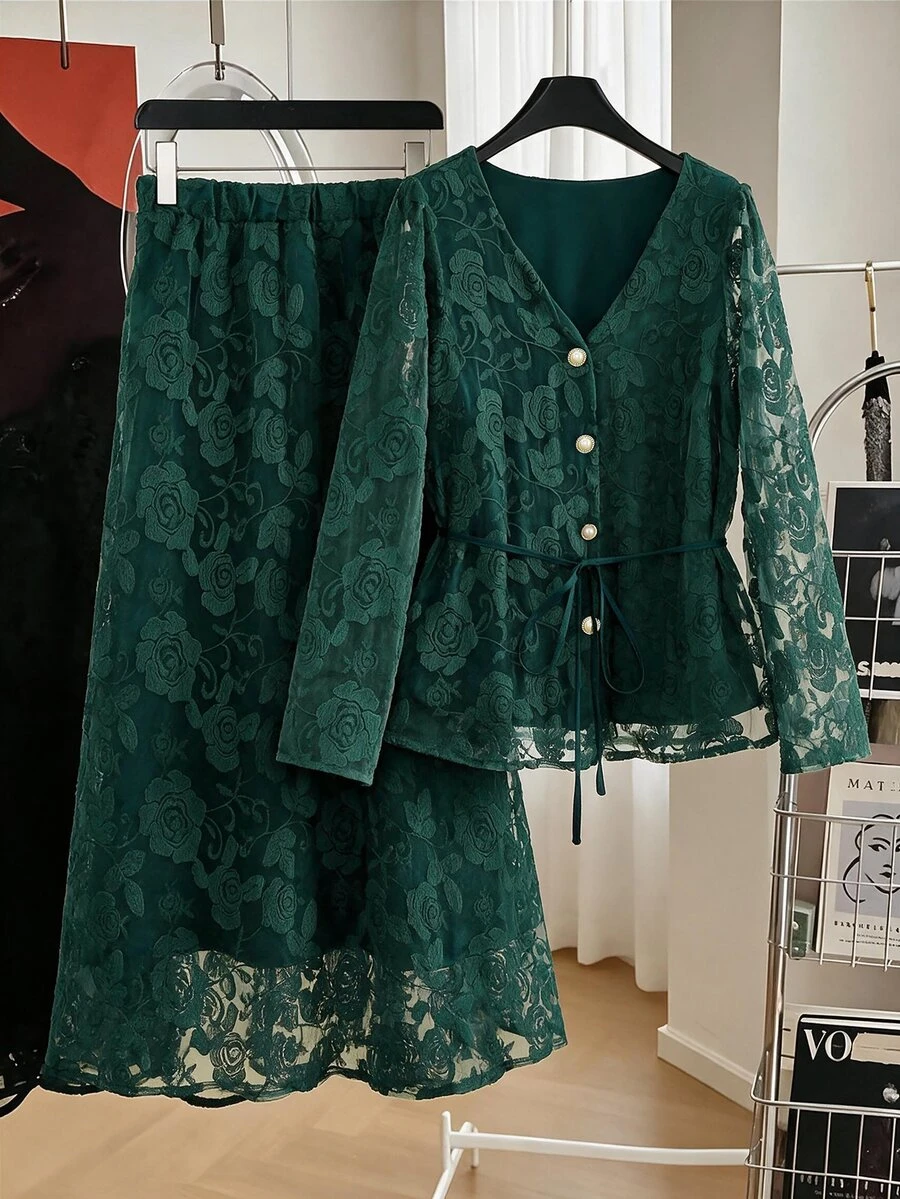 Modelyn Mesh Embroidered Dark Green Top And Skirt Set, Elegant Fashionable Lady Style, High-End Long Sleeve Plus Size 2 Pieces Outfit - Dark Green - View 1