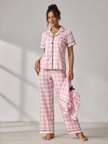 EverLounge Cute Bowknot Plaid Pajama 3 Pieces Set - Multicolor - View 2