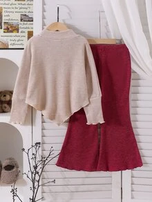 SHEIN 女童2件套，半高領長袖羅紋網紗蝴蝶結上衣 + 純色喇叭褲，柔軟彈性甜美套裝，可愛兒童春秋裝 - 紅色 - 查看 3