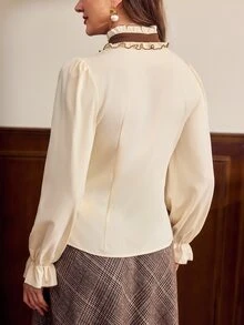 Vintamour بلوزة نسائية بأسلوب بريبي مع تصميم كشكشة وفيونكة أمامية، قميص طويل الأكمام عصري - لون مشمشي - مشاهدة 2