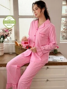 Snug Reverie Women's 100% Pure Cotton Pink Romantic Ruffle Trim Party Open Front Loungewear Set - Pink - View 5