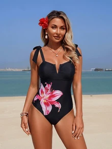 Swim Lushoire 女款一件式花卉隨機印花夏季性感鏤空V領泳衣 - 彩色 - 查看 4