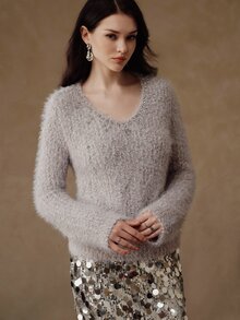 Anewsta كنزة نسائية بأكمام طويلة وياقة على شكل حرف V مزينة بالراينستون أنيقة وكاجوال - Iron Gray - مشاهدة 5