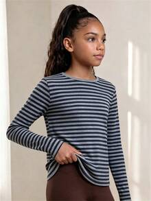 SHEIN Teen Girls Gray & Black Striped Collar Button Decor Lace Trim Design Long Sleeve Casual Versatile T-Shirt, Suitable For Spring & Autumn, Perfect For Daily Wear, Commuting, Travel, And Gatherings - White - View 4