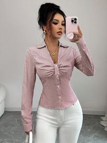 Elenzga 女款設計師藍色條紋襯衫，適合返校季與秋季 - 紅色 - 查看 3