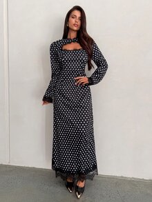 Aloruh Minimalist Commuter Contrast Lace Cutout Long Sleeve Black & White Polka Dot Long Dress For Women - Black and White - View 7