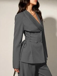 Aveloria Modichic 緞面拼接前綁帶女款西裝外套，優雅休閒西裝外套 + 休閒喇叭褲西裝長褲 - 灰色 - 查看 4