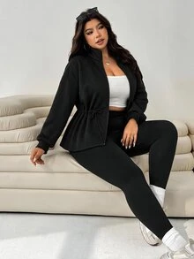 EMERY ROSE Plus Size Black Minimalist Zipper Cinched Waist Long Sleeve Sweatshirt Casual Fall/Winter - Black - View 7