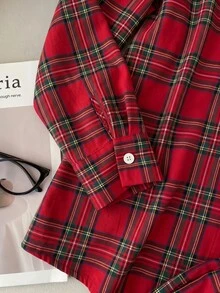 SHEIN EZwear 大尺碼女款格紋長袖單排扣襯衫與長褲休閒兩件套 秋季聖誕 - 彩色 - 查看 3
