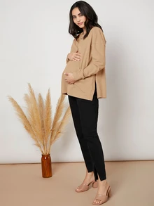 SHEIN 孕婦純色休閒日常長袖T恤 - 卡其色 - 查看 4