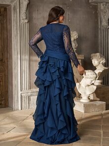 Aureia Plus Size Women's Long Sleeve Round Neck Elegant Romantic Navy Blue Lace Patchwork Organza Ruffle Hem Dress - Navy Blue - View 2