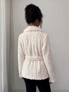 SHEINBlues Women's Textured Jacquard Plush Tie-Front Jacket - Apricot - View 3
