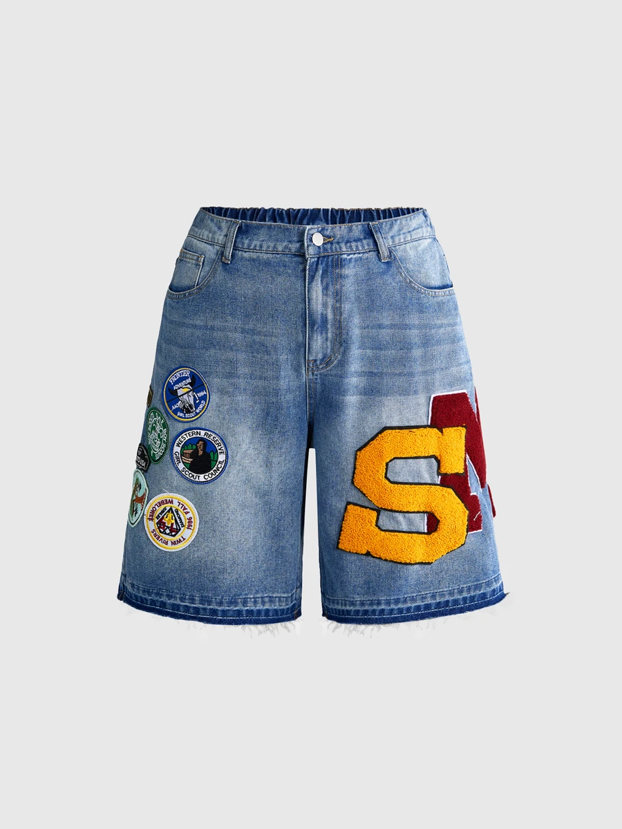 ROMWE Street Life Patch Denim Shorts Mid-Length Streetwear Versatile Cross Letter Emoticon Graphic Plus Size Loose Fit - Blue - View 1
