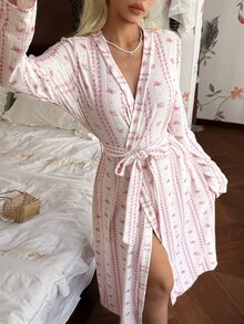 CottageSlumber Soft Pink Floral & Vertical Stripe V-Neck Tie Waist Long Loose Lazy Bathrobe - Pink - View 6