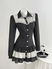 Elamini Women's Autumn Y2K Casual Plaid Colorblock Cake Mini Dress - Black - View 1
