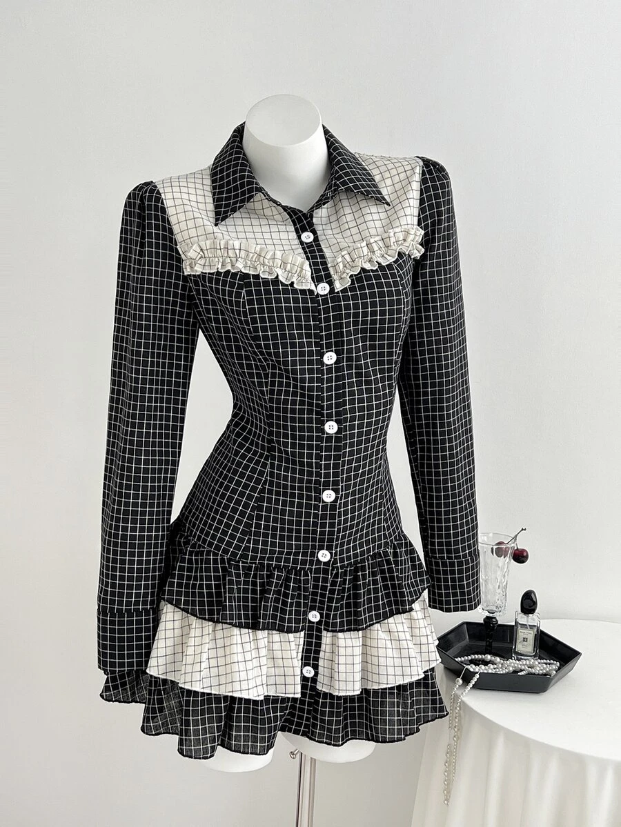Elamini Women's Autumn Y2K Casual Plaid Colorblock Cake Mini Dress - Black - View 1