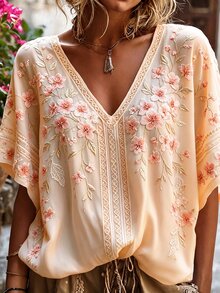 Selamara Plus Size Women's Fashion Deep V-Neck Placed Print Short Sleeve Top - Yellow - View 3