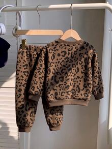 2pcs Baby Boys Leopard Print Pattern Crew Neck Fleece Long Sleeve Sweatshirt And Matching Fleece Long Pants Sweatpants Set, Suitable For Autumn/Winter - Multicolor - View 2