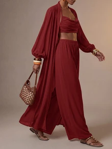 Zivah Women's Solid Color Lantern Sleeve Long Robe Cropped Halter Neck Tank Top And Wide Leg Pants Fashion Vacation Set - Burgundy - View 7