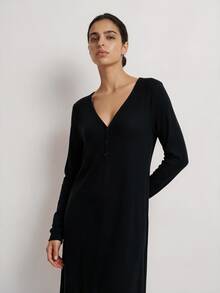 Ocili Studio Women's V-Neck Long Sleeve Button-Front Solid Color Loungewear Dress - Black - View 3