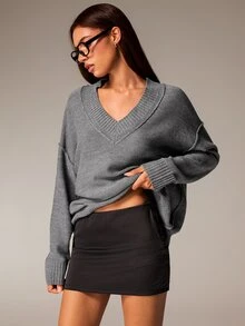 Athîral Women's Solid Color V-Neck Long Sleeve Loose Fit Fashion Versatile Sweater - Grey - View 1