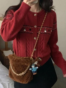 DAZY 女款圓領撞色花卉印花單排扣休閒時尚長袖開襟衫 - 酒紅色 - 查看 5