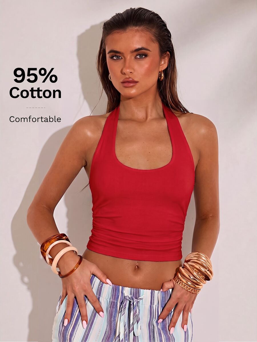 SHEIN BAE 女款純色掛脖時尚休閒短版背心 - 紅色 - 查看 1