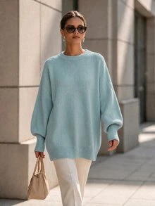 SHEIN Women's Crew Neck Long Sleeve Solid Color Sweater - Baby Blue - View 4