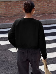 Muchica 女款圓領素色蕾絲飾邊拼接時尚休閒運動衫 - 黑色 - 查看 2
