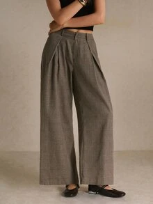 Poéselle Women's Plaid Pleated Fashion Commuter Wide Leg Suit Pants - Brown - View 4