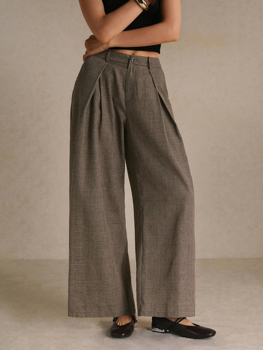 Poéselle Women's Plaid Pleated Fashion Commuter Wide Leg Suit Pants - Brown - View 1