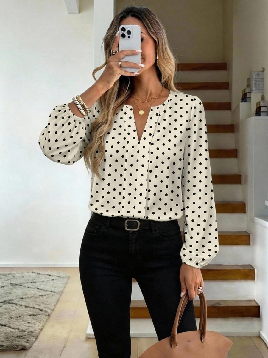 SHEIN LUNE Simple Solid Color V-Neck Lantern Sleeve Casual Blouse For Women, Suitable For Spring & Fall - Multicolor - View 1