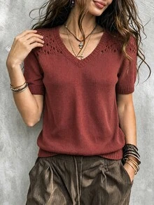 SHEIN Franclia 女款針織上衣 V 領鏤空設計，適合約會、度假、派對、日常穿著、聚會、戶外活動 - 鏽棕色 - 查看 6