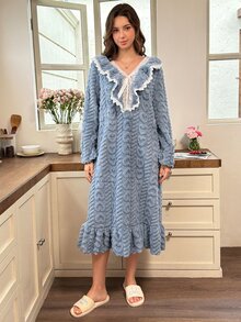 Snug Reverie Autumn/Winter Plush Thickened Princess Style Long Nightgown Women's Winter Loungewear Pajamas - Dusty Blue - View 7