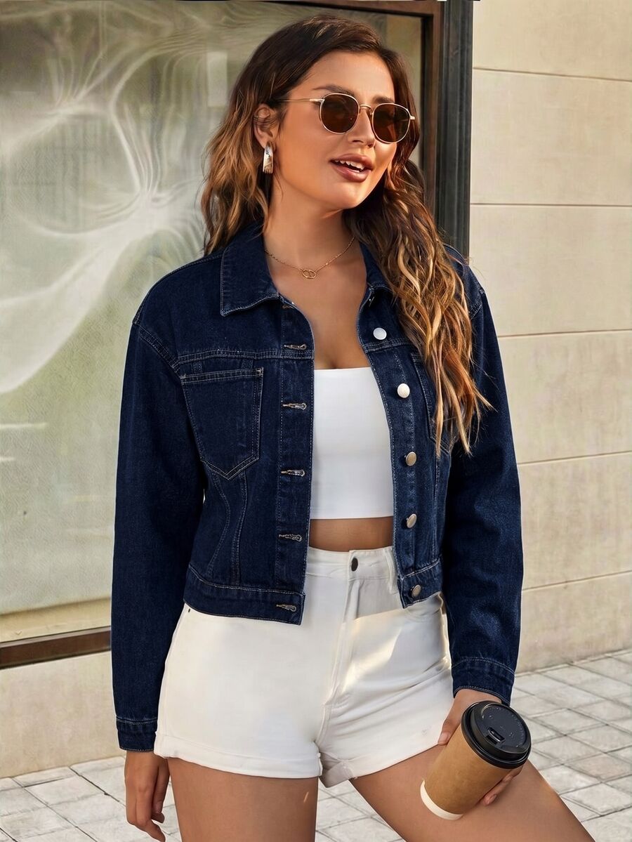 Selenza Street Style Button Long Sleeve Fashion Denim Jacket - Blue - View 1
