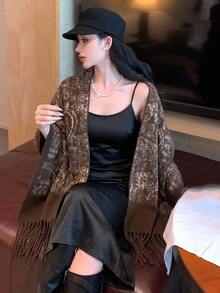 Joudiya Autumn Commute Elegant Office Shawl Jacket With Tassel Decoration And Floral Pattern For Women, Wool - Brown - View 3
