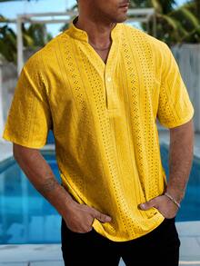 VENTUSAIL Men's Plus Size Solid Color Casual Versatile Short Sleeve Shirt For Daily Wear - Yellow - View 3