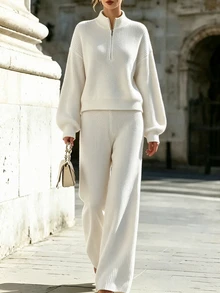 SHEIN Fall Casual Half Zip Stand Collar Knit Two‑Piece Outfits, Women Drop Shoulder Sweater & Wide Leg Pan - Beige - View 4