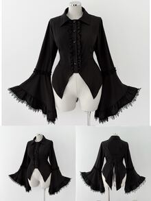 Sunspun Plus Size Dark Style Long Sleeve Asymmetrical Hem Button Shirt - Black - View 3