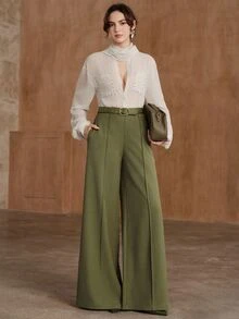 Anewsta 2026 New Women's Autumn Casual Versatile Side Pocket All-Match Wide Leg Pants For Outing, Commuting And Business - Green - View 1