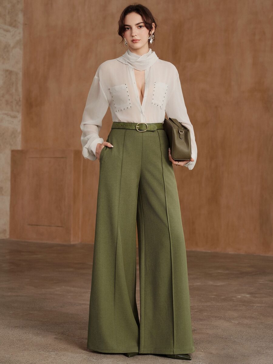 Anewsta 2026 New Women's Autumn Casual Versatile Side Pocket All-Match Wide Leg Pants For Outing, Commuting And Business - Green - View 1