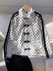 Comfortcana 女款波點圖案青蛙鈕扣門襟側條紋夾克 - 白色 - 查看 3