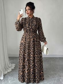 Elenzga Plus Size Leopard Print Ruffle Trim Stand Collar Puff Long Sleeve Waist Tie Elegant Flowy Maxi Dress - Multicolor - View 4