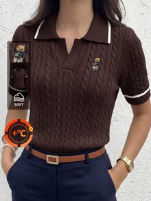 Briarwyn Women's Cartoon Bear Pattern Collared Short Sleeve Knit Top - Brown - View 10