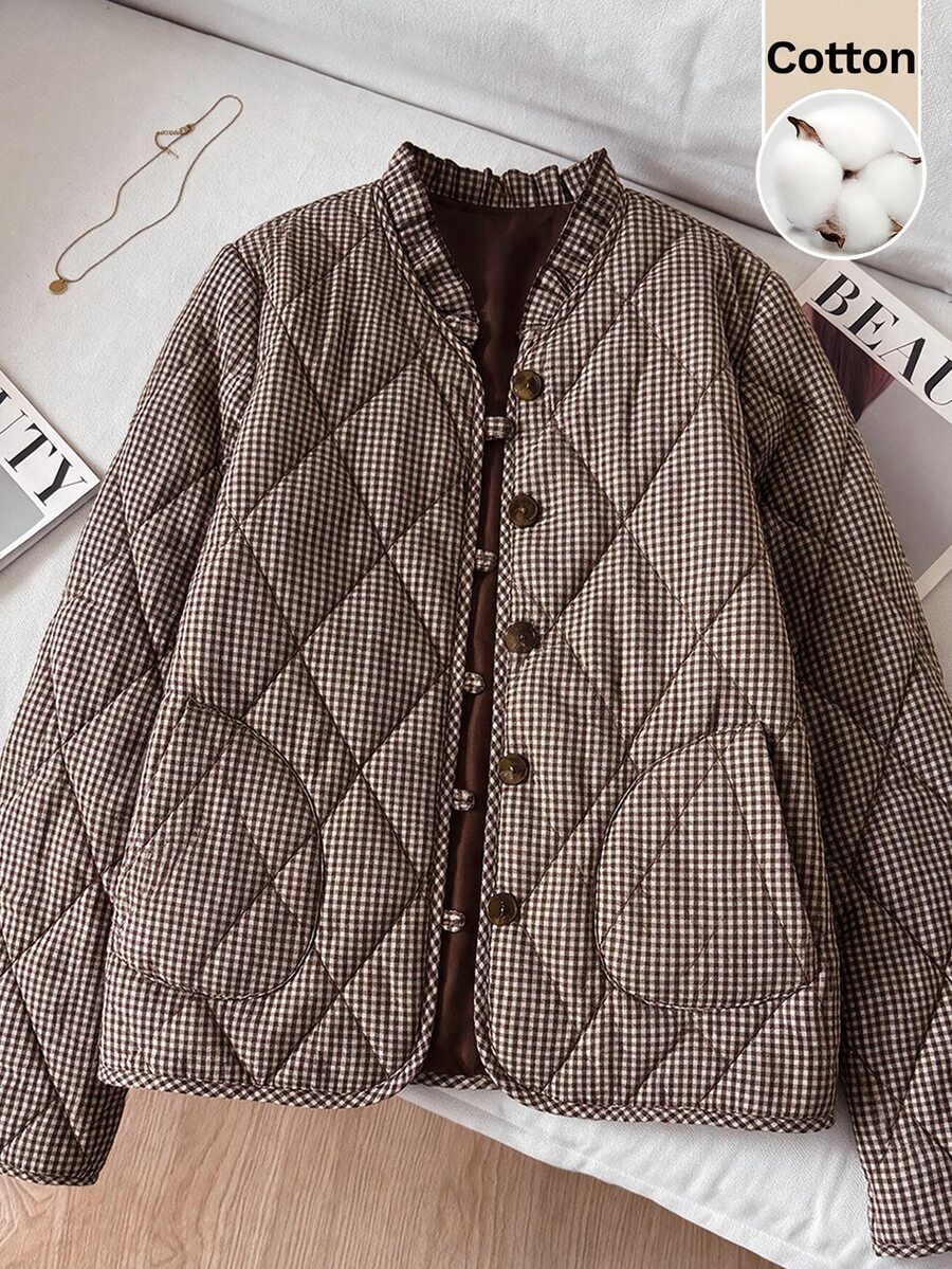 SHEIN Clasi 女款格紋休閒百搭冬季加厚棉外套 - 摩卡棕 - 查看 1